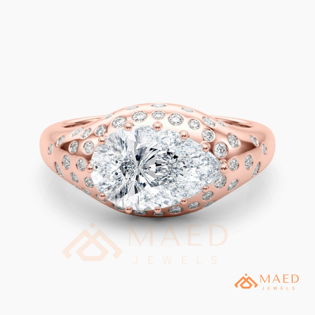 East-West Pear Cut Engagement Ring | Flush Setting Pave Dome Band in 14K Gold, Rose Gold & Silver
