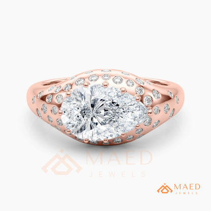 East-West Pear Cut Engagement Ring | Flush Setting Pave Dome Band in 14K Gold, Rose Gold & Silver