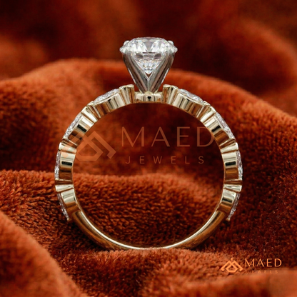 Round Cut Engagement Ring with Marquise Accent Cluster Band in 14K Gold, Rose Gold & Silver
