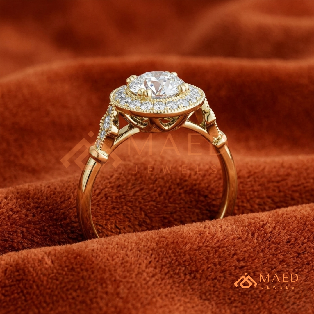 Vintage-Inspired Round Halo Engagement Ring with Milgrain Detail in 14K Gold, Rose Gold or Silver