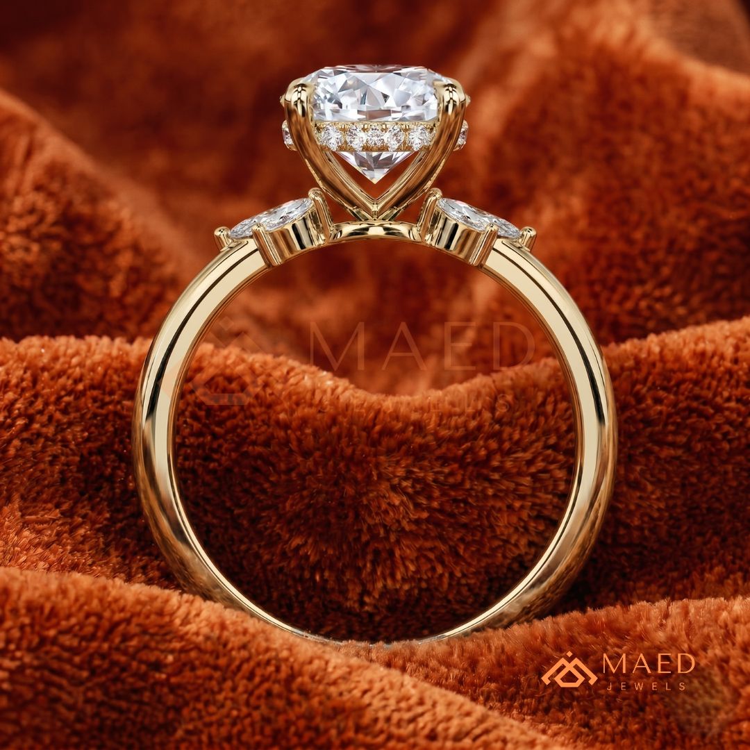 Round Brilliant Cut Ring with Marquise Floral Cluster | 14k Gold, Rose Gold & Silver