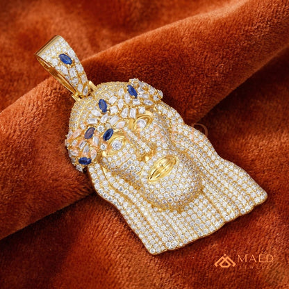 Iced Out Jesus Head Piece with Blue Sapphires | Silver, 14K Yellow & Rose Gold