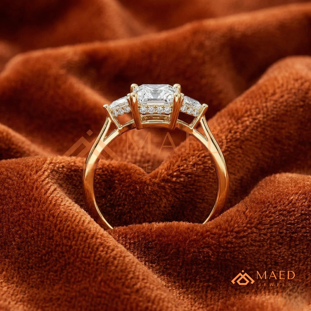 Radiant Cut Engagement Ring with Pear Side Stones | 14k Gold, Rose Gold & Silver