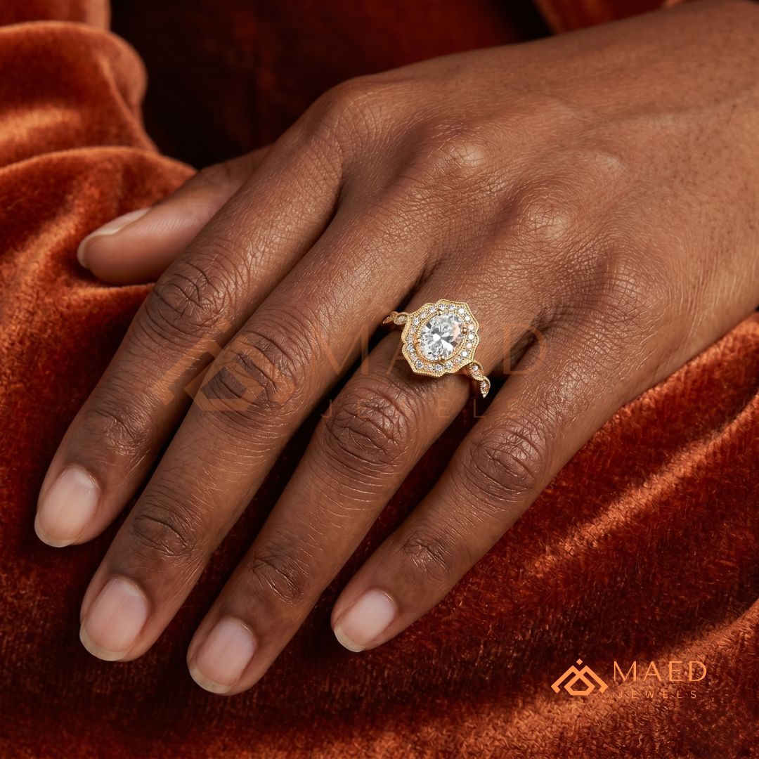 Vintage Oval Cut Art Deco Halo Engagement Ring | Milgrain Band in 14k Gold & Silver
