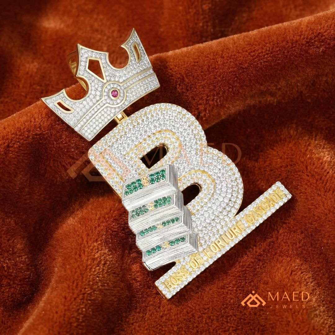 Custom Crown Initial "B" Money Stack Pendant in Sterling Silver & 14K Gold