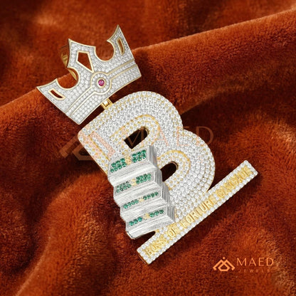 Custom Crown Initial "B" Money Stack Pendant in Sterling Silver & 14K Gold