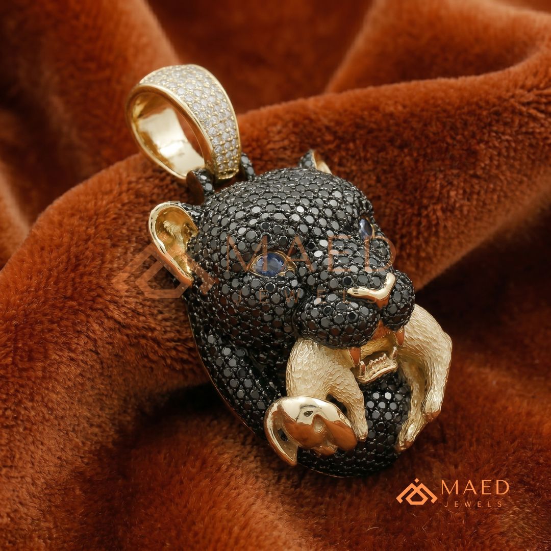 Black Diamond Panther Head Pendant in Sterling Silver, 14K Gold & Rose Gold