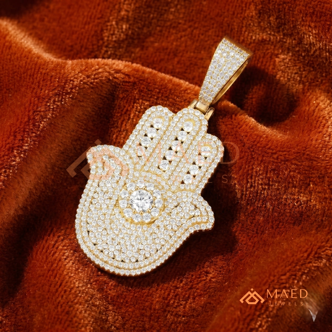 Iced-Out Hamsa Hand Pendant – Micro-Pave Diamond Finish in Silver, 14k Gold, 14k Rose Gold