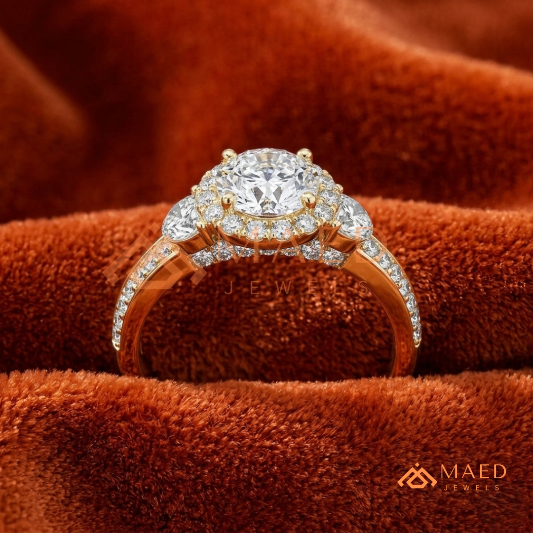 Radiant Halo Engagement Ring with Marquise Side Stones & Pavé Band