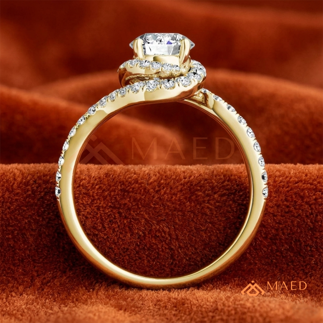 Moissanite Bypass Halo Engagement Ring in 14K Gold, Rose Gold & Sterling Silver | Twisted Pave Diamond Accent Ring for Women