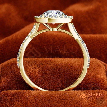 Round Halo Engagement Ring with Twisted Pavé Band – Sterling Silver, 14K Gold, or 14K Rose Gold