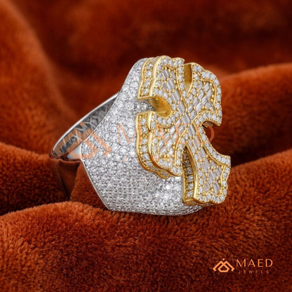 Heavy Iced-Out Baguette Cross Statement Ring – 925 Silver, 14K Gold & Rose Gold