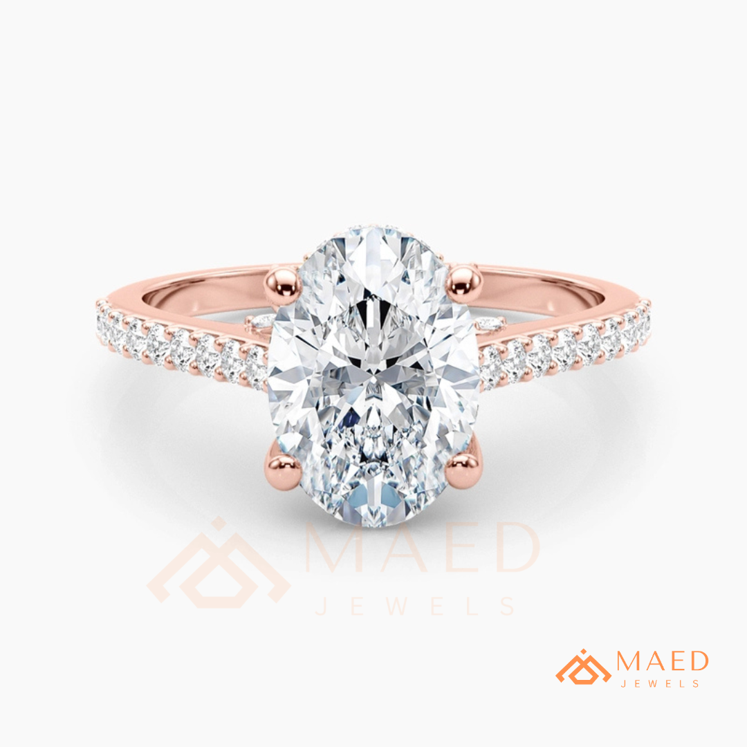Oval Cut Engagement Ring with Pavé Diamond Band in 14K Gold, Rose Gold & Silver