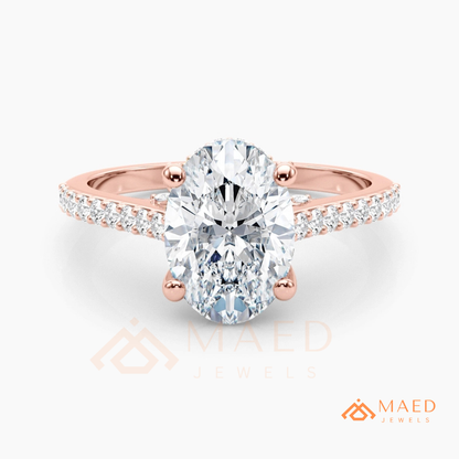 Oval Cut Engagement Ring with Pavé Diamond Band in 14K Gold, Rose Gold & Silver