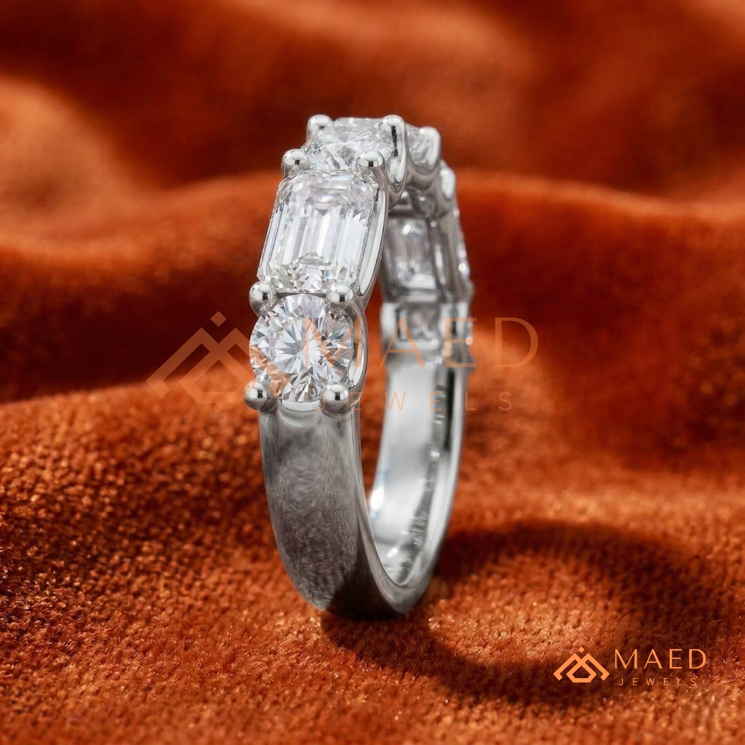 5-Stone Mixed Cut Diamond Wedding Band | Emerald & Round Moissanite Anniversary Ring in Silver, 14K Gold, & Rose Gold