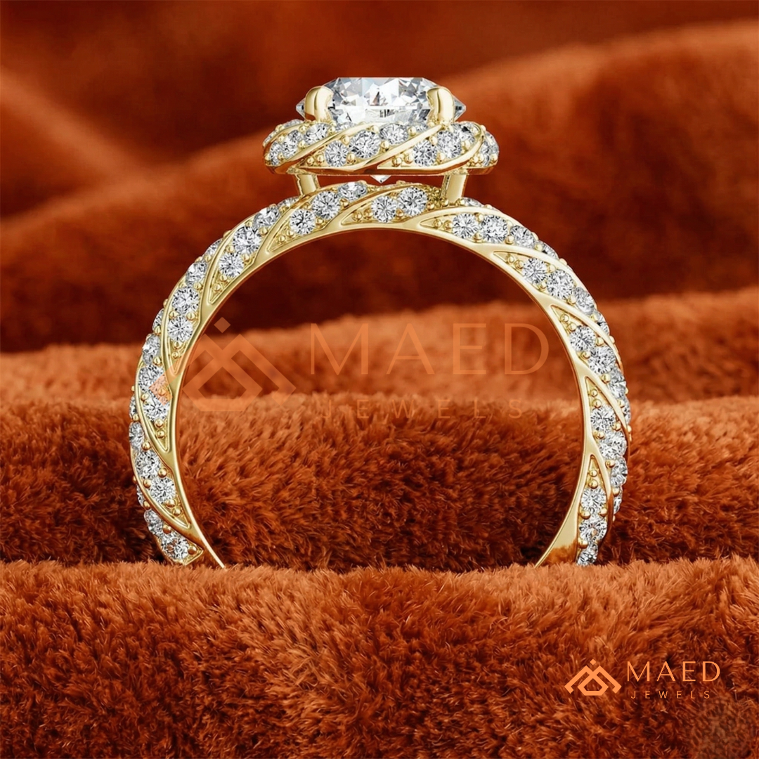 ound Cut Halo Twisted Band Promise Ring (Silver, 14K Yellow/Rose Gold)