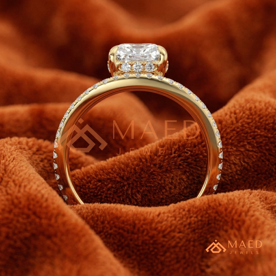 Cushion Cut Moissanite Chevron Engagement Ring, Curved Pavé Diamond Wishbone Wedding Ring in Silver, 14K Gold & Rose Gold