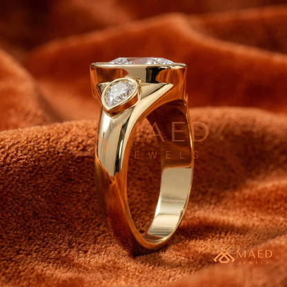 Modern Three-Stone Pear Shaped Bezel Engagement Ring in Silver, 14K Gold & Rose Gold