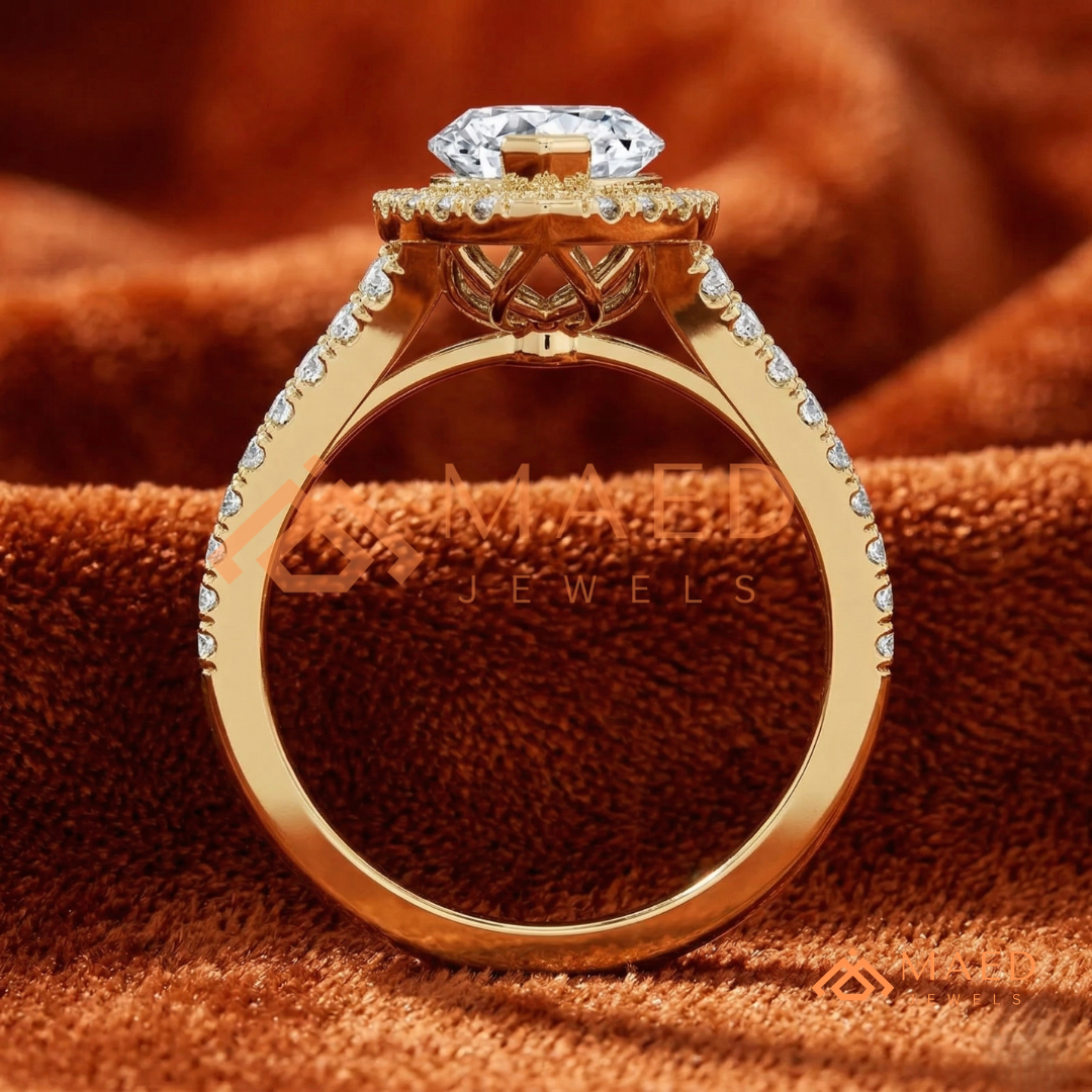 Marquise Cut Halo Engagement Ring | Split Shank Pave Band in 14K Gold & Silver