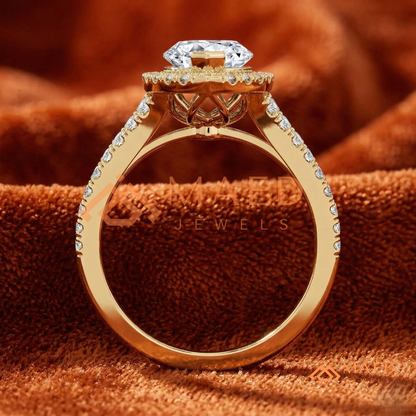 Marquise Cut Halo Engagement Ring | Split Shank Pave Band in 14K Gold & Silver
