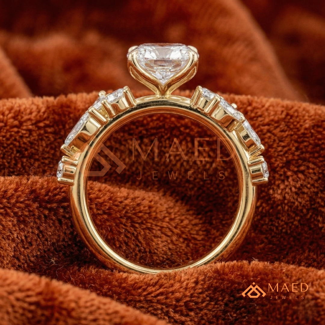 Asymmetric Oval Cut Cluster Engagement Ring | Marquise Leaf Vine Band