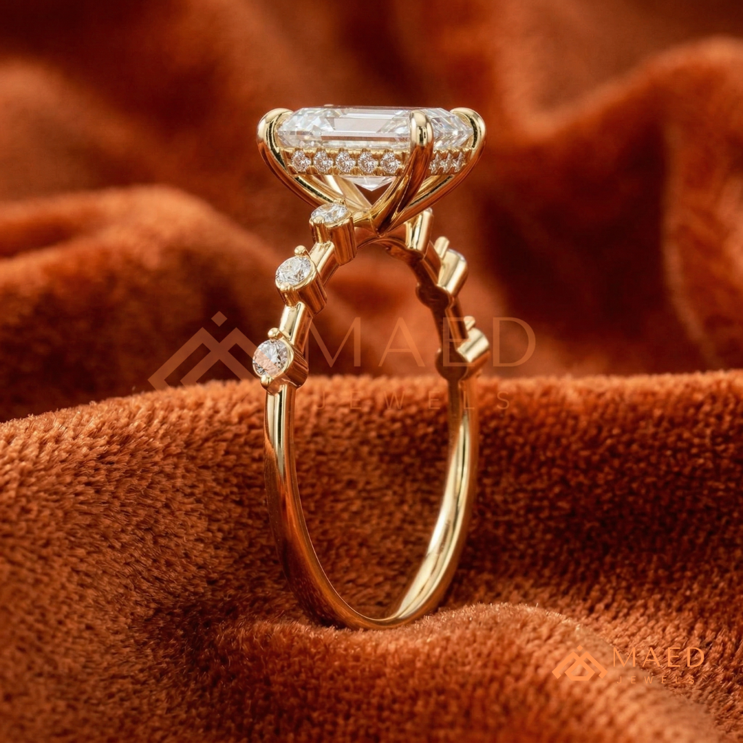 Radiant Cut Moissanite Engagement Ring in Sterling Silver, 14K Gold & Rose Gold | Art Deco Bezel-Set Accent Band
