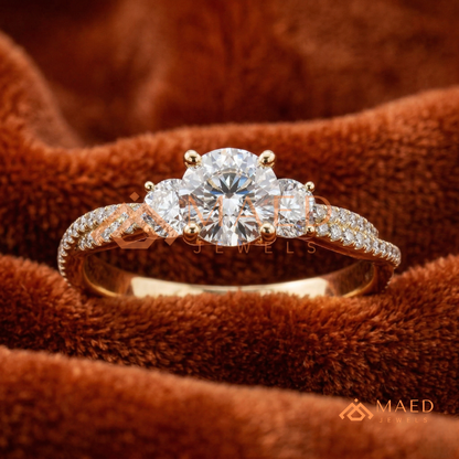 Round Cut 3-Stone Engagement Ring with Twisted Pavé Band in Silver, 14K Gold, & 14K Rose Gold