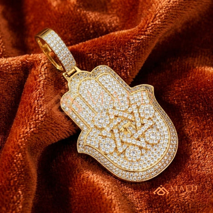 Iced Out Hamsa & Star of David Pendant with Chai Symbol - Sterling Silver, 14K Gold & Rose Gold