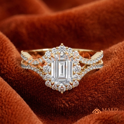 Emerald Cut Starburst Halo Engagement Ring | Split Shank Band in 14k Gold, Rose Gold & Silver