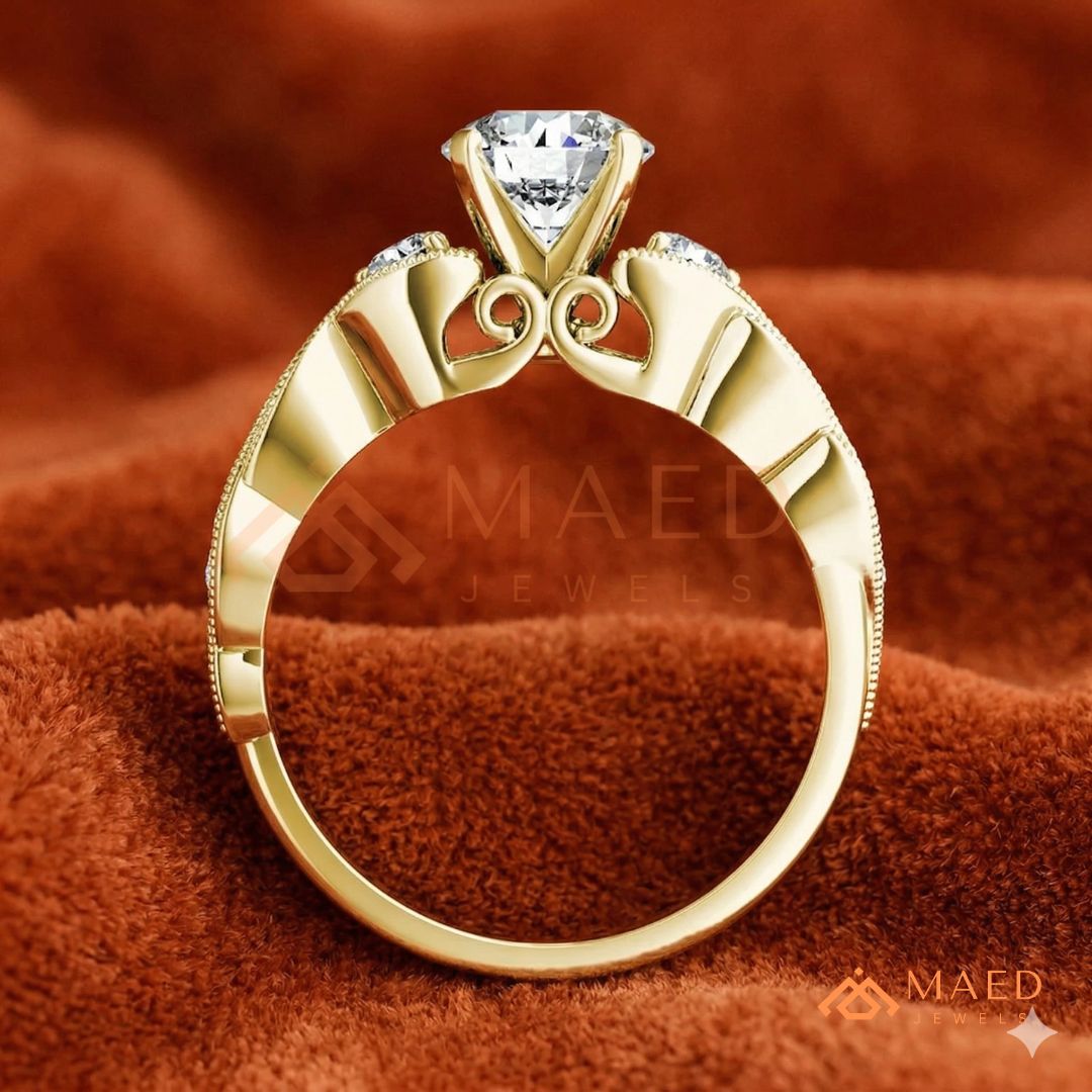 Vintage-Inspired Three-Stone Engagement Ring with Milgrain Twisted Band