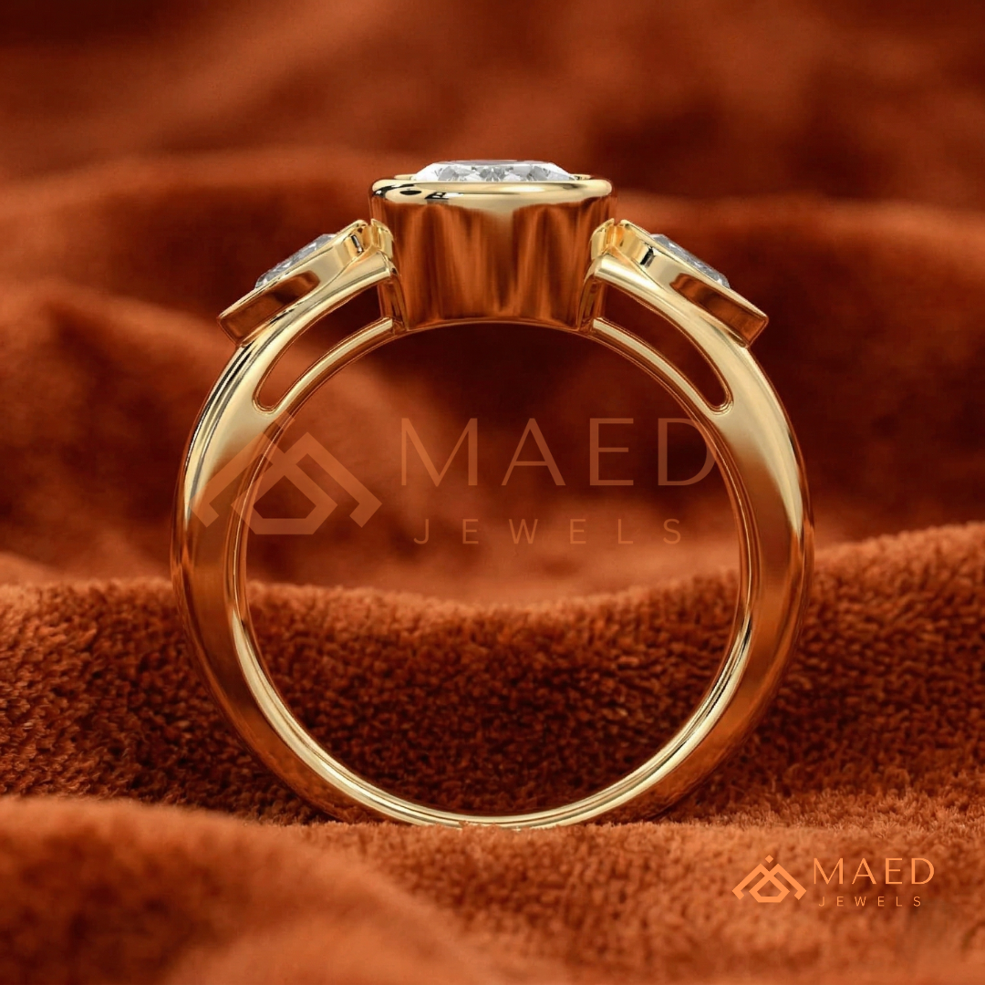 Bezel Set Oval Engagement Ring with Pear Side Stones in Silver, 14K Gold, & 14K Rose Gold