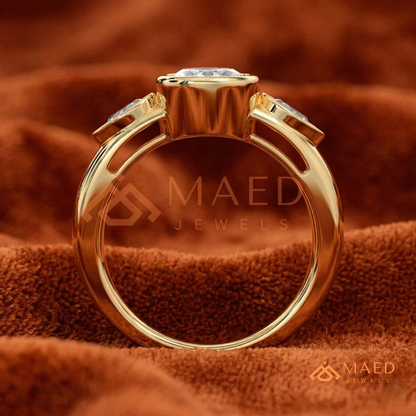 Bezel Set Oval Engagement Ring with Pear Side Stones in Silver, 14K Gold, & 14K Rose Gold