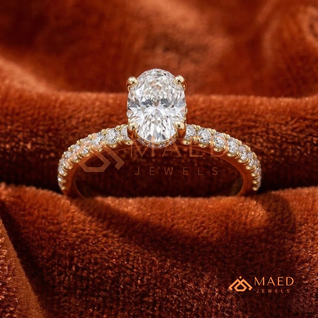 Oval Cut Solitaire Band with Pavé Shank – Silver, 14K Yellow & Rose Gold)