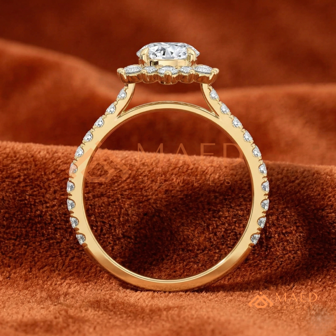 Vintage Starburst Halo Round Cut Engagement Ring with Pave Band in Silver, 14K Gold & Rose Gold