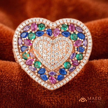 Luxury Multi-Color Iced Heart Statement Ring – 925 Silver, 14K Gold & Rose Gold