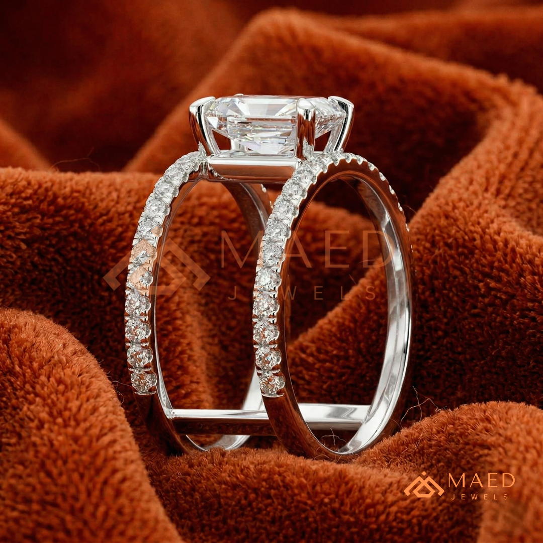 Radiant Cut Double Band Engagement Ring | Floating Open Spacer Pavé Cuff