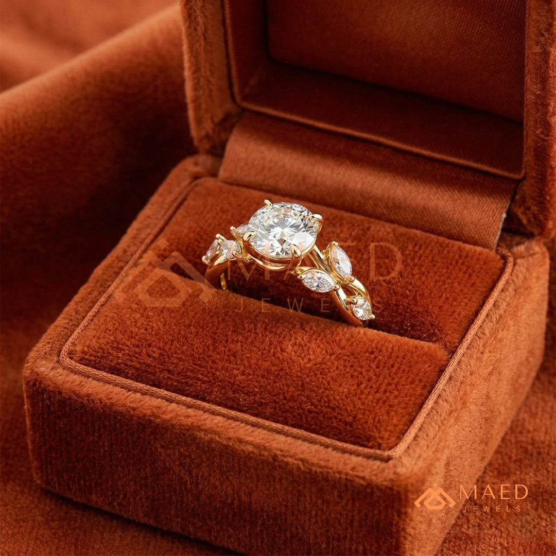 Nature Inspired Round Cut Moissanite Engagement Ring, Marquise Diamond Vine Leaf Wedding Ring in Silver, 14K Gold & Rose Gold