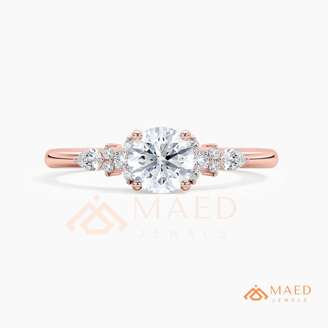 Round Cut Cluster Engagement Ring in 14K Gold, Rose Gold & Silver | Vintage Pear Accent Moissanite Ring for Women