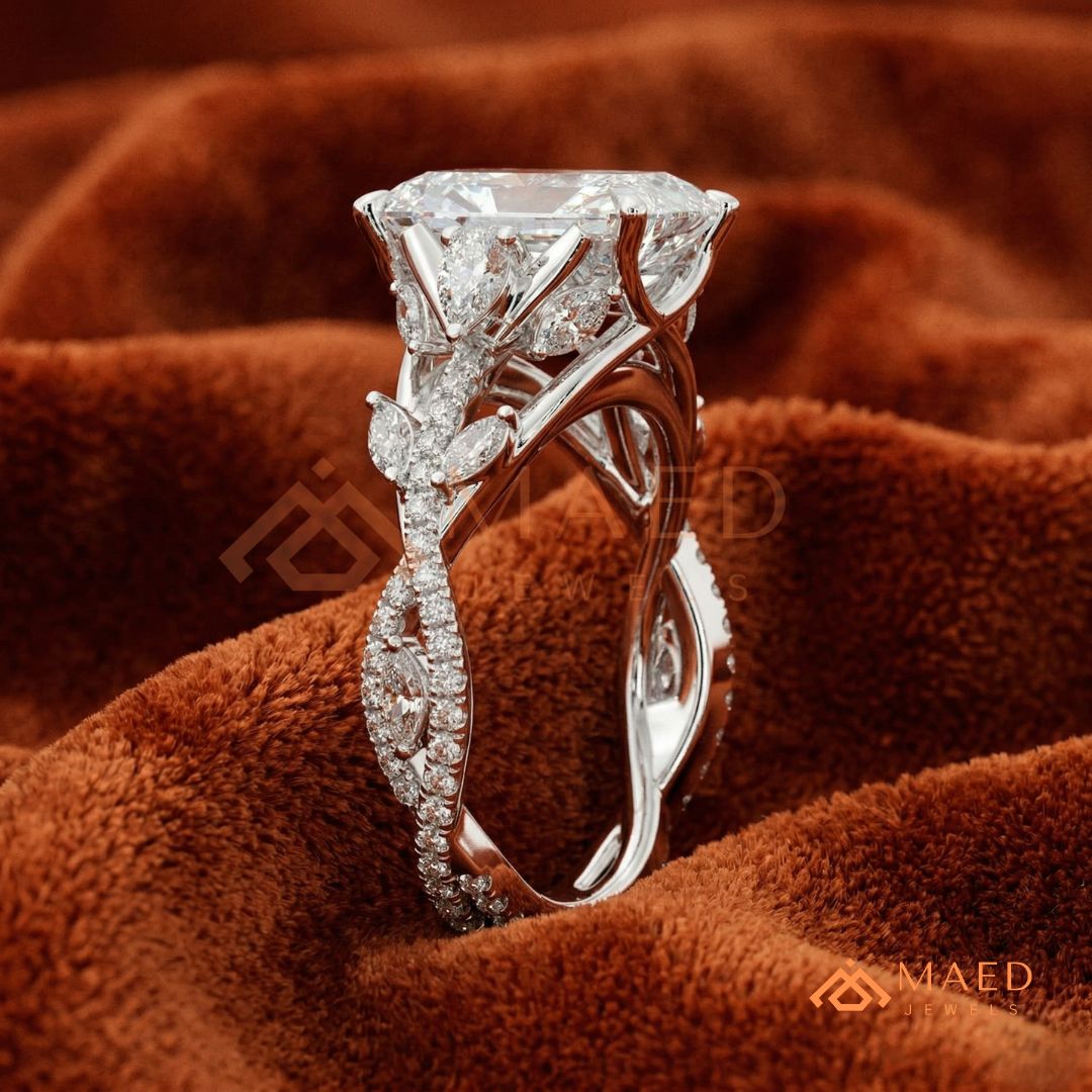 Radiant Cut Engagement Ring with Marquise Cluster Band in Silver, 14K Gold, & 14K Rose Gold