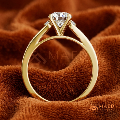 Round Cut Engagement Ring with Pavé Accents in 14K Gold, Rose Gold or Silver