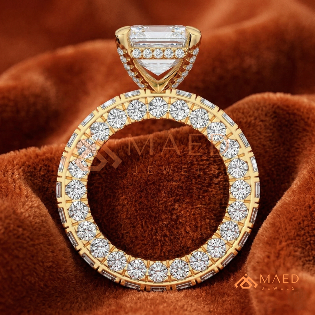 Classic Asscher Cut Solitaire Engagement Ring with Eternity Band Shank in Silver, 14K Gold & Rose Gold
