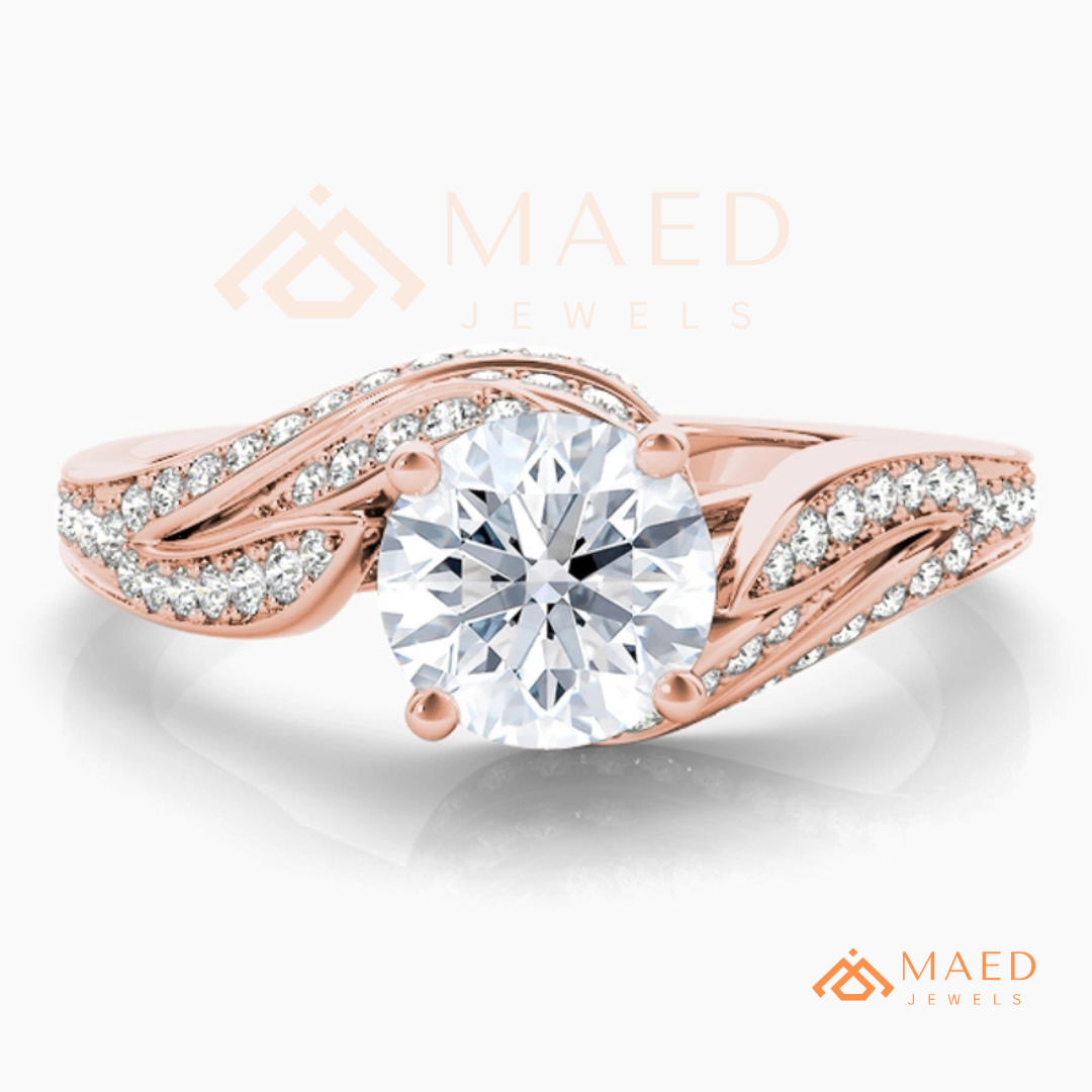 Vintage Bypass Round Cut Engagement Ring with Swirl Pavé Band