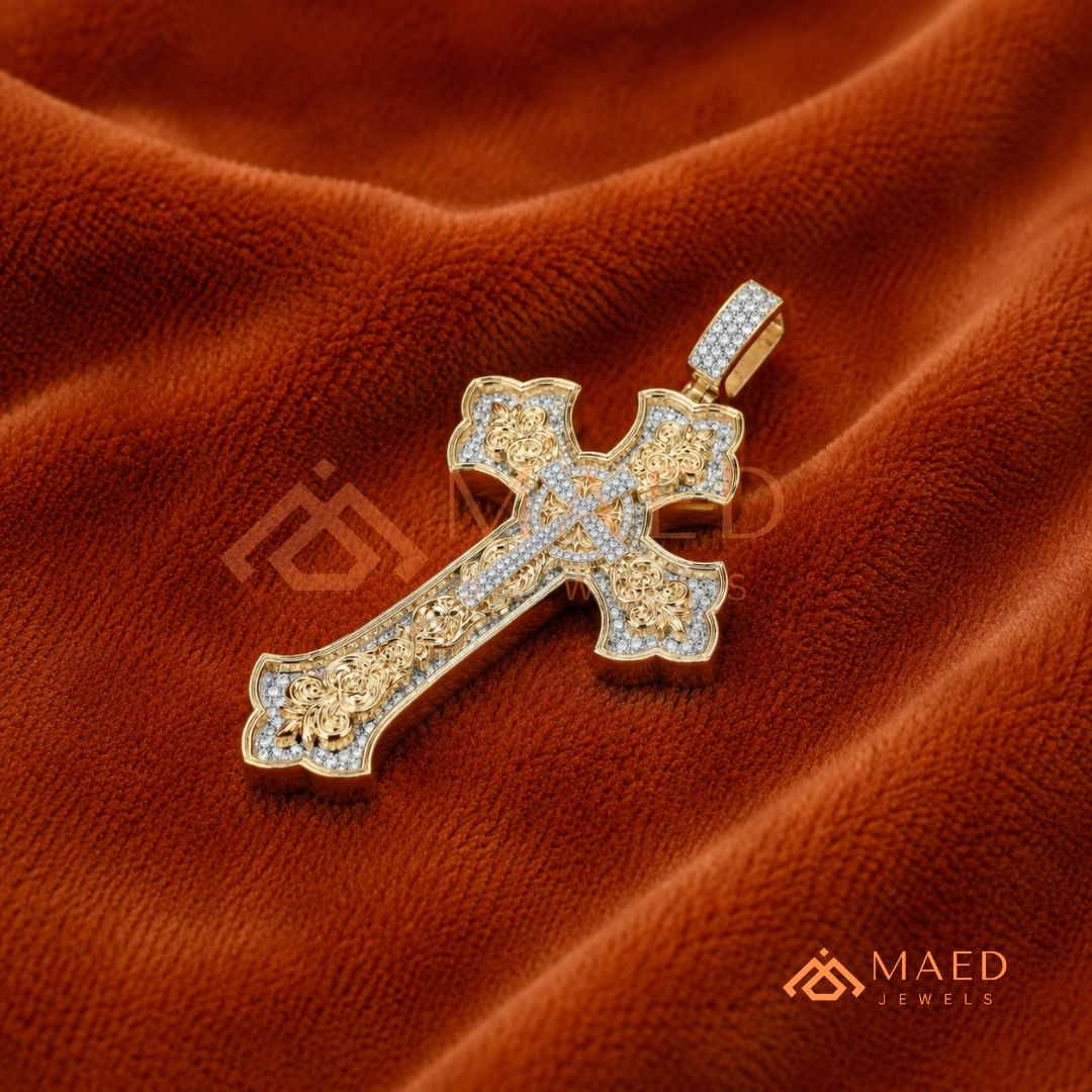 Royal Baroque Diamond Cross Statement Pendant | Silver, 14K Yellow & Rose Gold