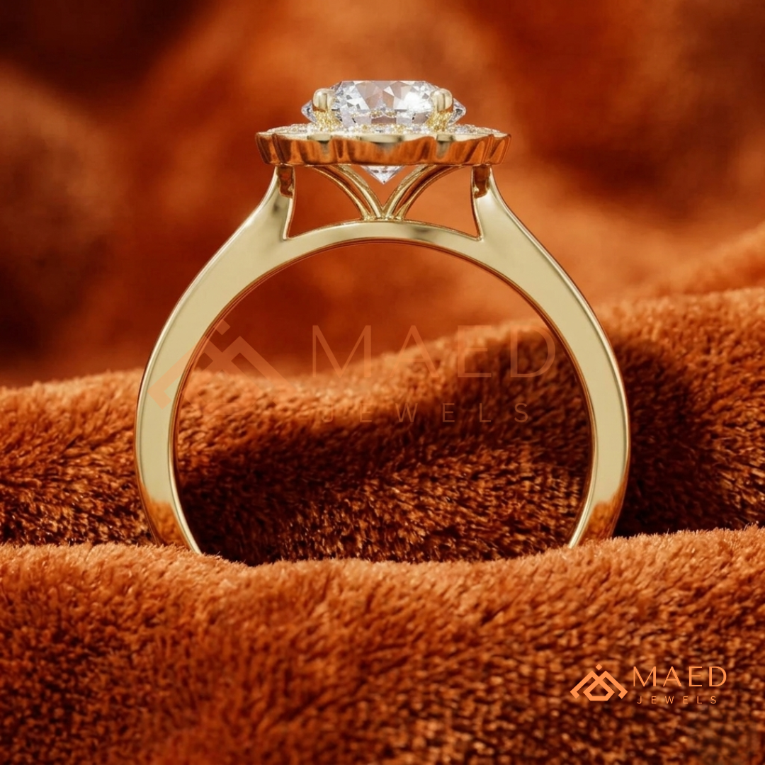 Round Cut Flower Halo Engagement Ring with Pave Band