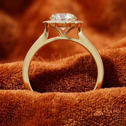 Round Cut Flower Halo Engagement Ring with Pave Band