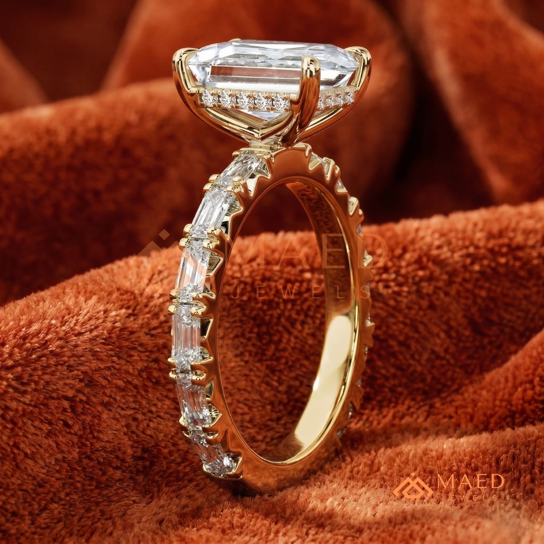 Classic Emerald Cut Solitaire Ring with Emerald Band Eternity Shank