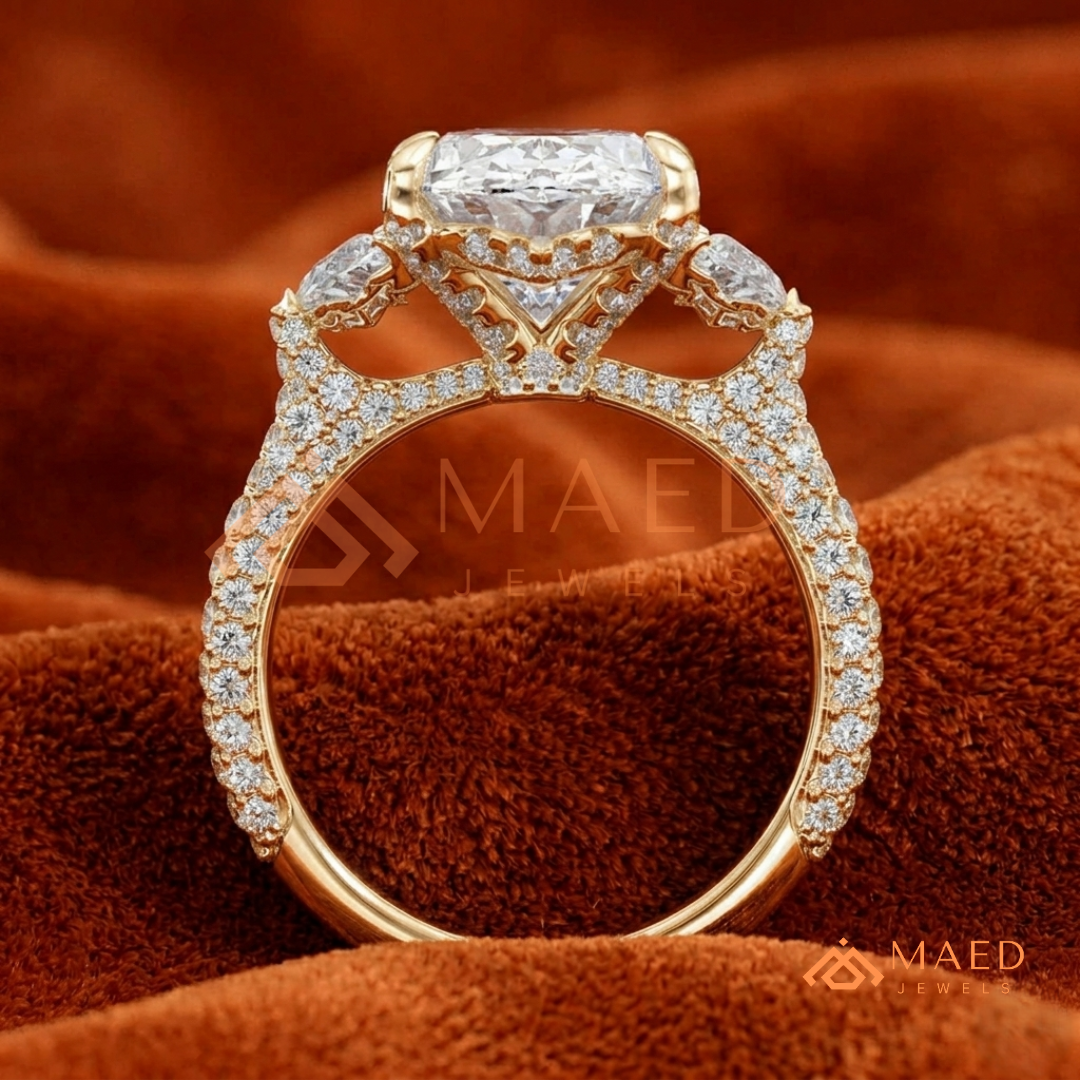 Oval Cut Engagement Ring with Half Moon Side Stones and Pavé Band in Silver, 14K Gold, & 14K Rose Gold