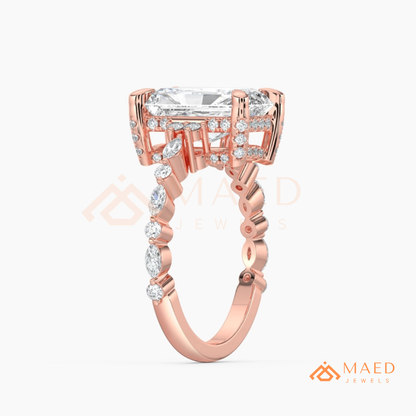 Radiant Cut Engagement Ring | Marquise & Round Cluster Band in 14K Gold, Rose Gold & Sterling Silver
