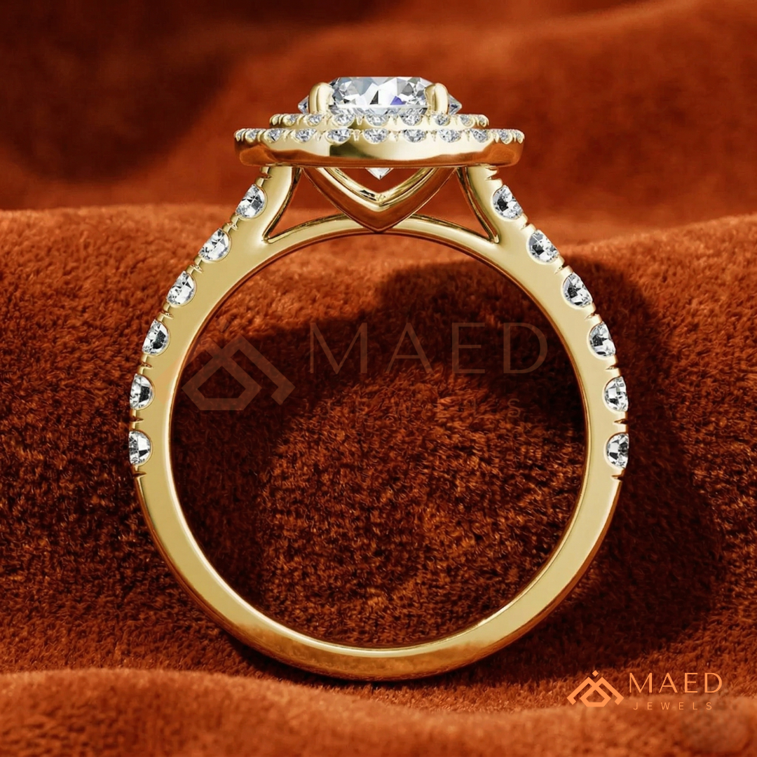 Double Halo Round Brilliant Engagement Ring with Pavé Band – Sterling Silver, 14K Gold, or 14K Rose Gold