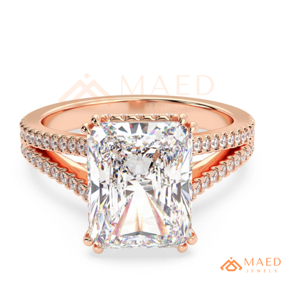 Radiant Cut Engagement Ring with Split Shank Pavé Band in Silver, 14K Gold, & 14K Rose Gold